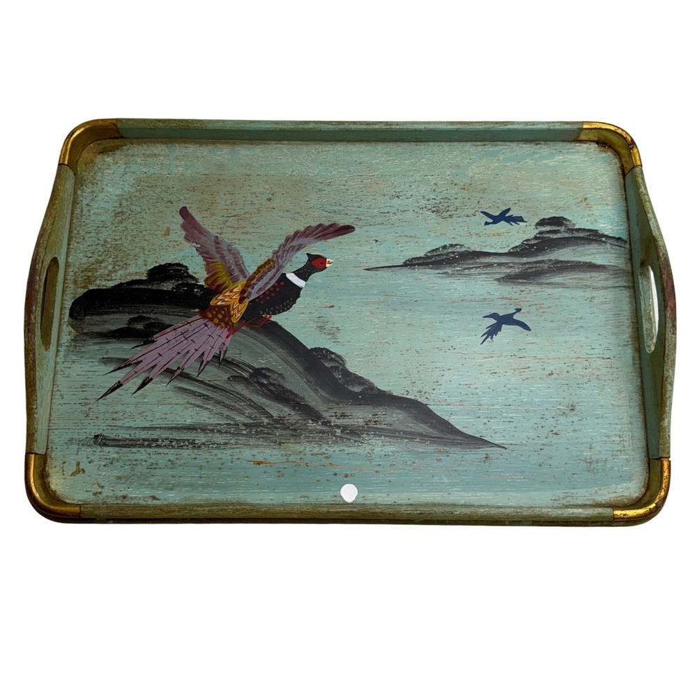 Vintage Hand Painted Pheasant Wood Tray Teal Gold Rustic Cabin Core Decor 17in